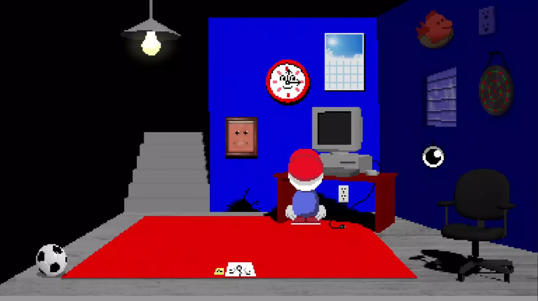 Mellow at his desk computer in his bedroom, with Clockey on the wall and a soccer ball on the rug
