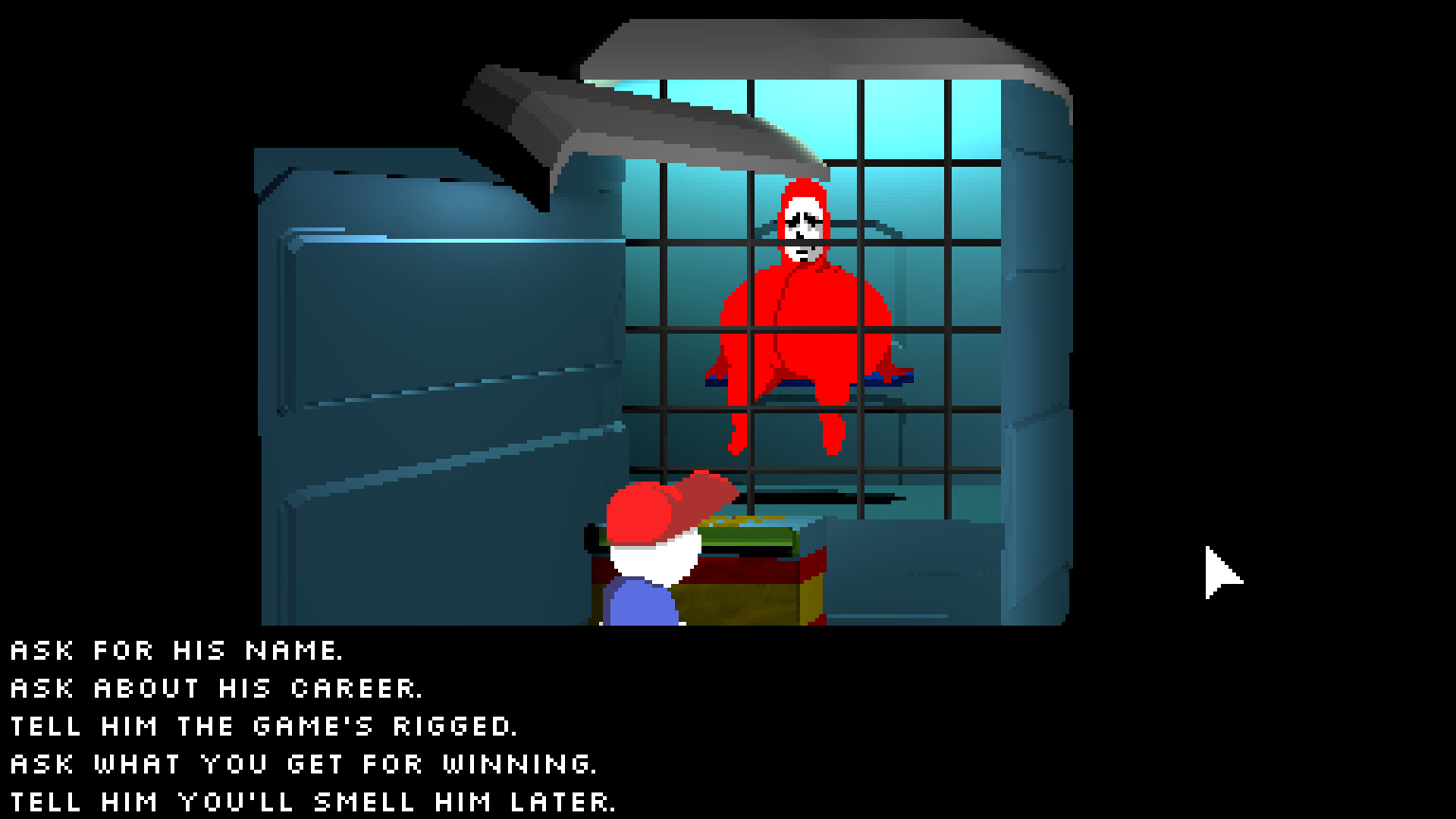 Mellow talking to the Red Jester at the Misery Town ticket booth with five dialogue options
